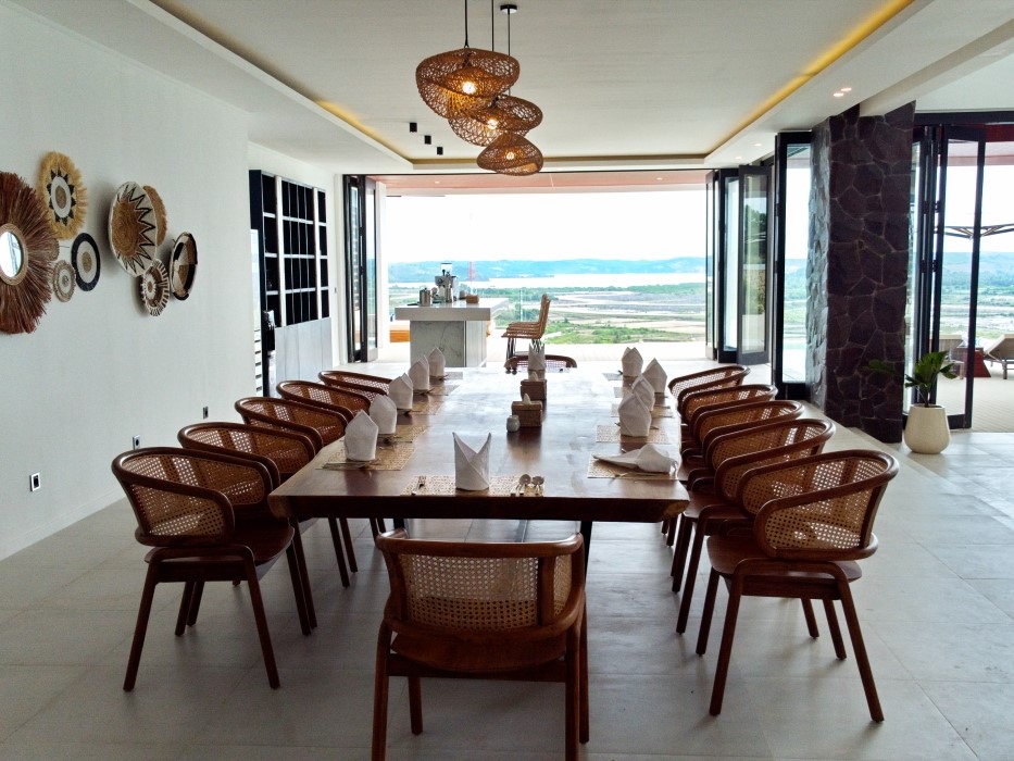 Dining area with a variety of food and elegant decor
